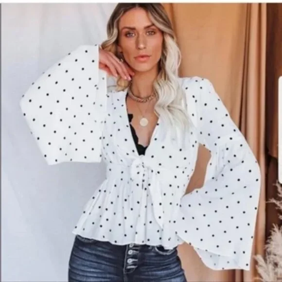 VICI Morgan White & Black Polka Dot Tie Top Size L - Picture 1 of 10